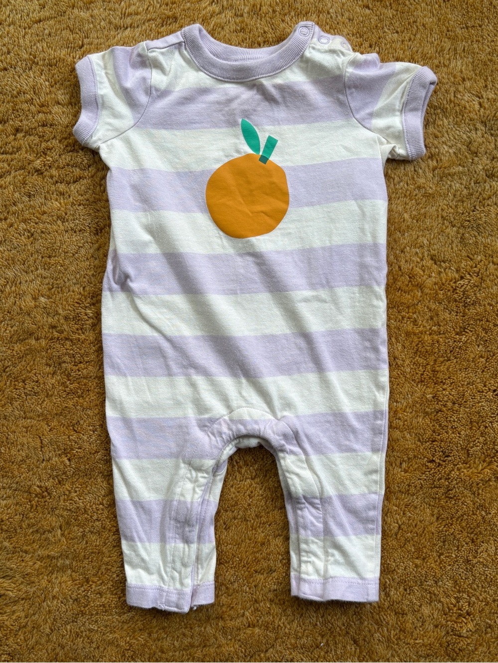 Hanna Andersson Lavender & White Striped Baby One-Piece with Orange Fruit